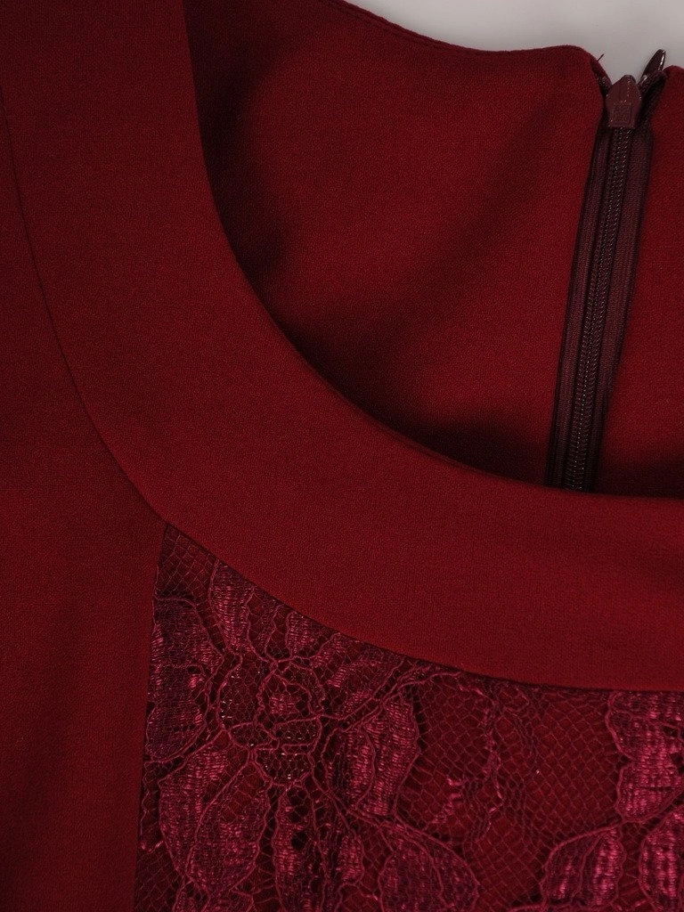Bordowa elegancka sukienka bombka midi – koronkowe rękawy i praktyczne kieszenie 19557