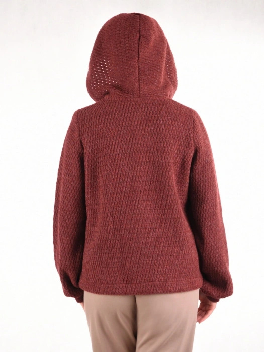 Elegancki sweter damski rozpinany w kolorze bordo – prosty krój z kapturem na chłodne dni 42173