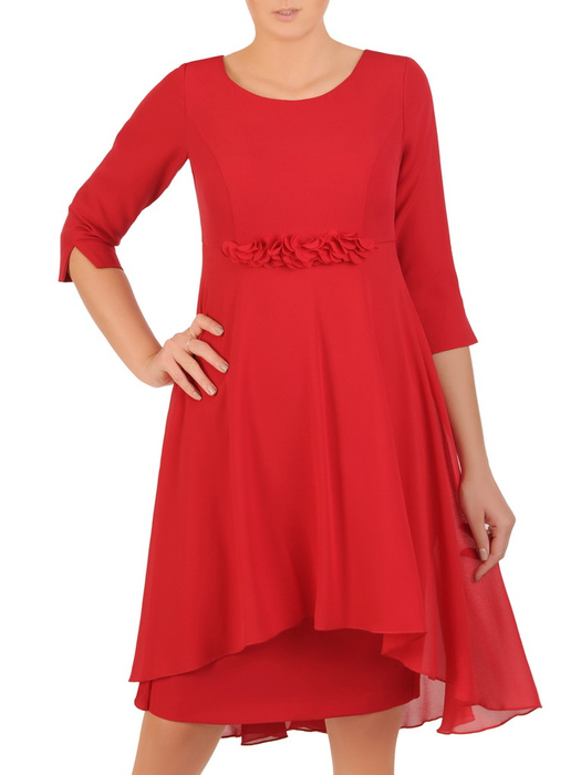 Czerwona sukienka z dwuwarstwową spódnicą i ozdobną aplikacją 30627