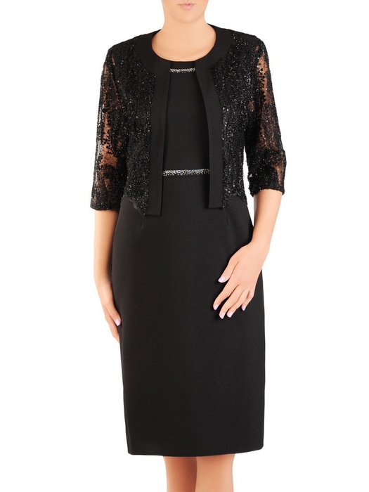 Elegancki czarny komplet, prosta sukienka z koronkowym żakietem 30417