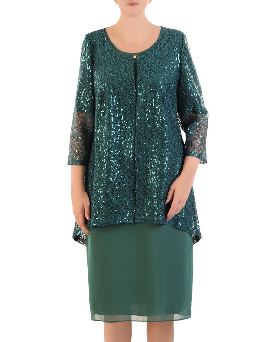 Kostium damski, zielona sukienka z koronkowym, połyskującym żakietem 34551