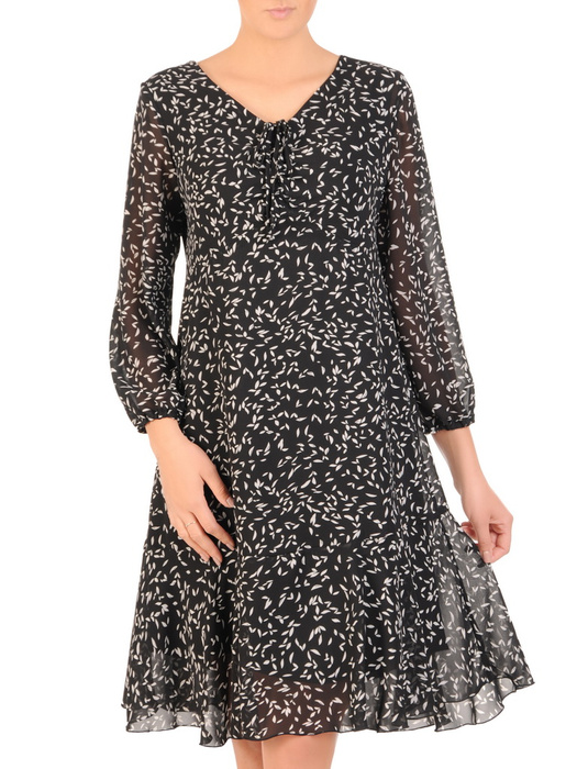 Luźna sukienka z szyfonu, kreacja z ozdobnym wiązaniem na dekolcie 30703