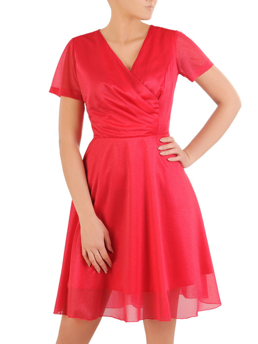 Połyskująca, czerwona sukienka z kopertowym dekoltem 33645