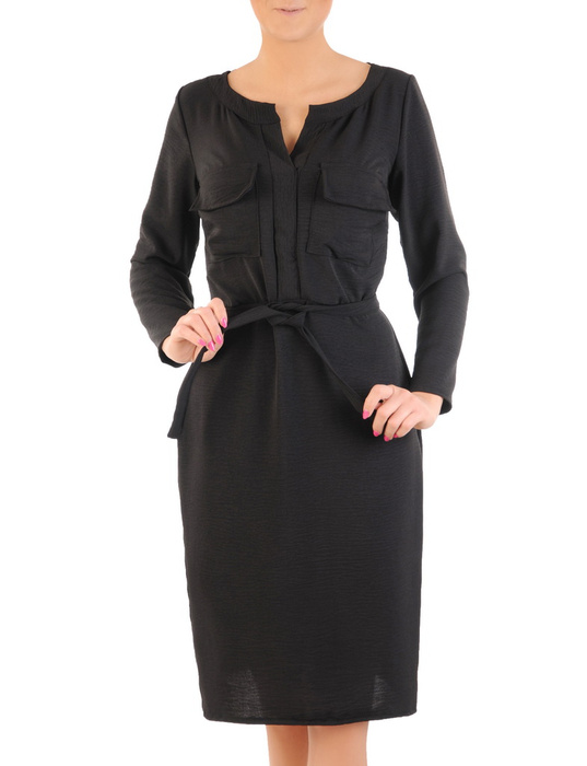 Prosta sukienka z ozdobnymi kieszeniami, czarna kreacja z paskiem 31953