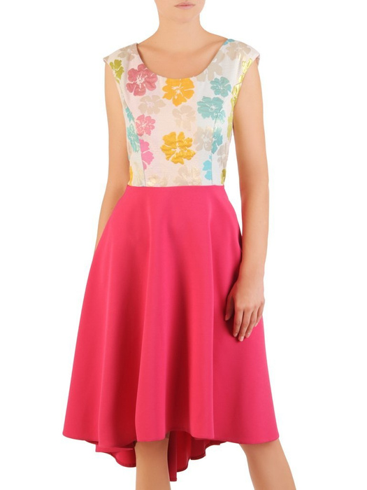 Rozkloszowana sukienka z tkaniny, kreacja z kolorowym topem 30202