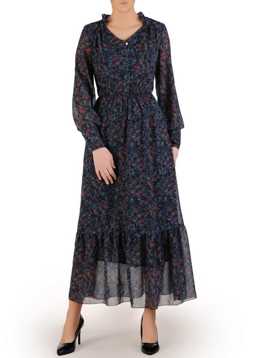 Sukienka maxi z guzikami przy dekolcie, modna kreacja z szyfonu 24822